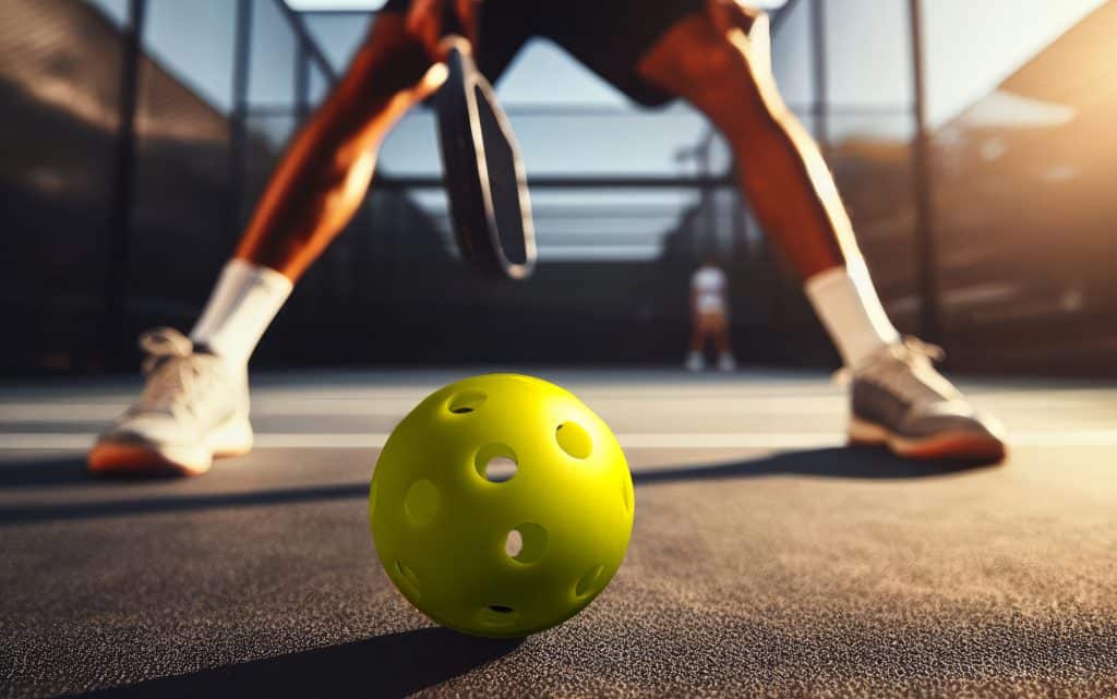 Players in an intense pickleball game at an outdoor court.