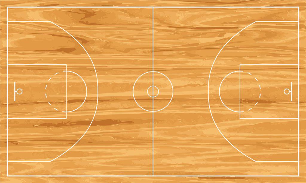 Aerial view of a wooden basketball court with clearly marked lines.